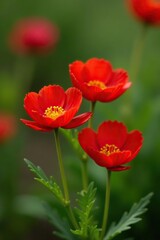 Fototapeta premium Close-up of vibrant red buttercup Ranunculus flowers in full bloom with blurred background of more blossoms, springtime beauty, floral, buttercup