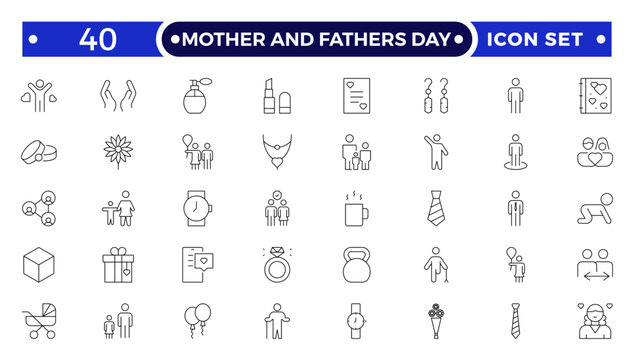 Mother and Fathers Day outline icon .Pregnancy, first days of life, supplies, healthcare, transportation and safety.