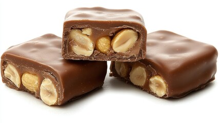 Stacked peanut chocolate squares, cross-section exposing nutty insides