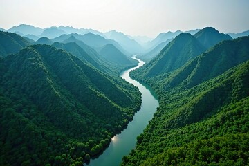 Aerial view of Phong Nha landscapes, rivers cutting through green valleys, 4K resolution,  valleys,  lush