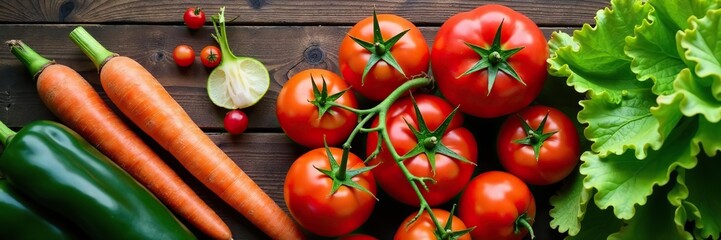 Assortment of fresh organic vegetables including tomatoes, carrots, peppers, and lettuce on a rustic wooden background,  wooden,  peppers