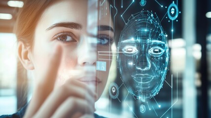 A person using a biometric facial recognition system for access control, office entrance setting with scanner displaying facial match, High-tech style