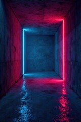 Obraz premium Dark concrete room with vibrant colored lights shining through, creating a dramatic and edgy atmosphere, background, empty