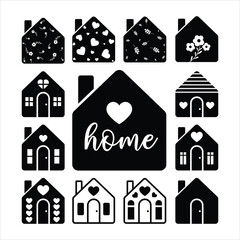 Set of Cute House Icons with Heart Shapes