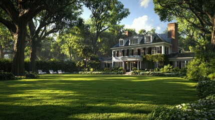 Stately home with large lawn, framed by mature trees in summer sunlight