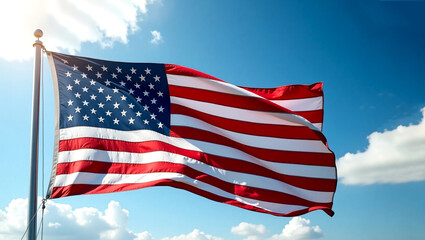Obraz premium American flag against blue sky. US Flag Day. Independence Day of the USA