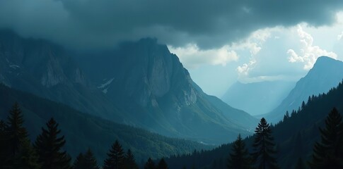 Dark, foreboding mountains stand tall amid heavy, brooding clouds above,  weather,  mountain range