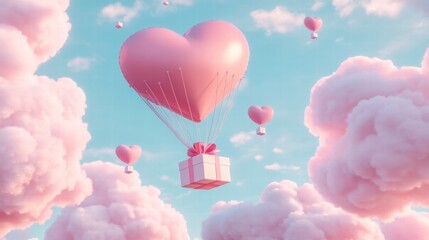 A Box flying on a parachute with pink cloud in valentine day,package flying down from sky and cloud with parachute, concept for delivery service,shopping online,air delivery service.