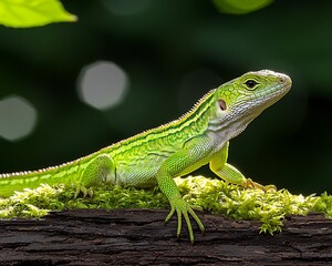 Naklejka premium Green Lizard on Mossy Log