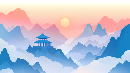 Misty Mountain Landscape with Pagoda