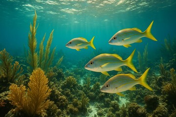 Underwater Scene Featuring School of Yellowtail Fish Swimming Among Coral and Seaweed