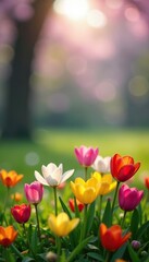 Blurry outdoor nature scene with vibrant spring flowers in foreground,  spring,  outdoors