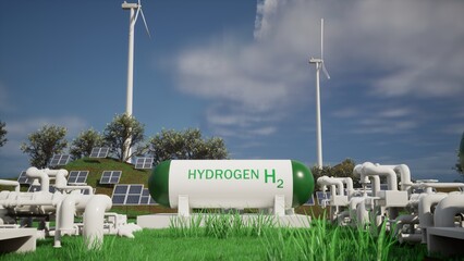 3d illustration of green energy Hydrogen h2 station tank. With photovoltaics and wind turbine in background