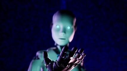 3d illustration of robot has its palm raised and open just in front of the camera. Its face and head are in the background