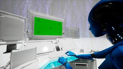 3D render illustration of blue robot working on white computer Ai station. Green screen on monitor display.