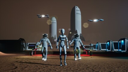 3D illustration of Ai robot walking on mars surface. Martian mission with astronauts and scifi drones