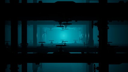 3d render animation of dark pipes underground. Blue and black colors . fogy