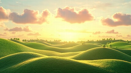 Obraz premium illustration of Summer fields landscape with a dawn,Rainbow, green grass hills, bright color blue sky, country background,banner resting vacation.