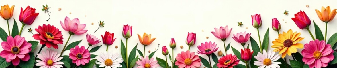 Obraz premium Colorful and vibrant illustration of various flowers including roses, tulips, and daisies, flora, bouquet
