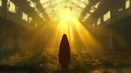 A robed figure stands in a sunlit dilapidated industrial building