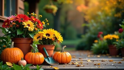 Colorful assortment of autumn flowers, pumpkins, and garden tools arranged outdoors in a nature setting,  colorful, autumn
