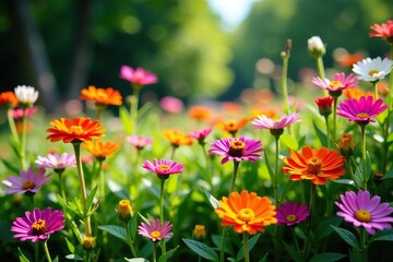 Obraz premium Colorful array of vibrant wildflowers blooming in a lush garden setting, spring, foliage