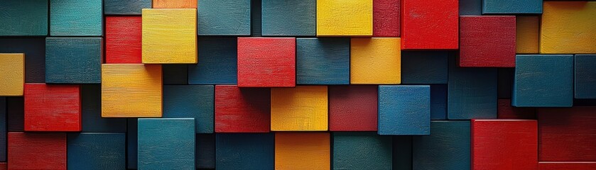 Fototapeta premium A vibrant arrangement of colorful wooden blocks, showcasing a mix of red, blue, yellow, and green, arranged in an abstract pattern.