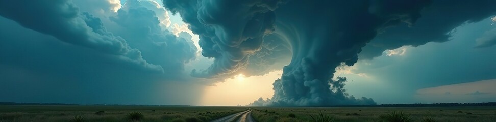 Dramatic tornados in various formations swirling across the sky,  turbulent,  atmospheric