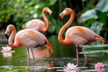 Naklejka premium Pink flamingos wading in tropical pond with water lilies