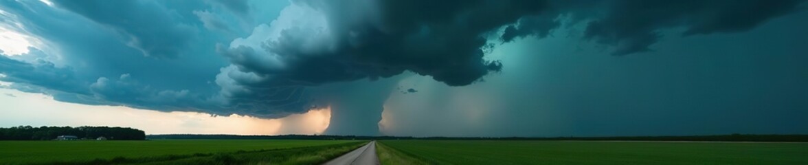 Obraz premium Dark storm clouds gathering over rural landscape with strong winds and hail approaching, dark, strong winds