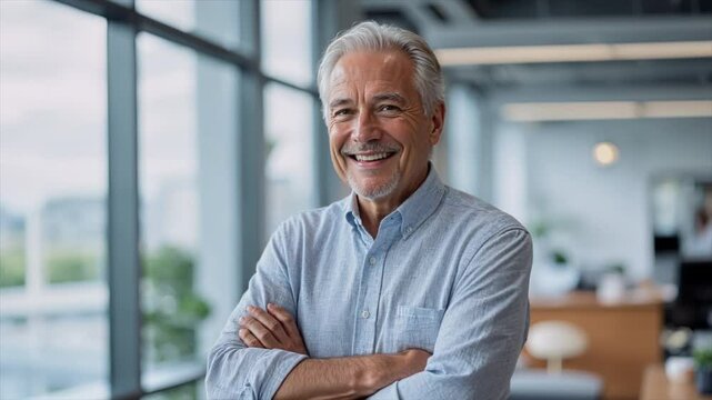 A confident old man smiling and crossing his arms in a professional office environment. Success and institutionalization. 