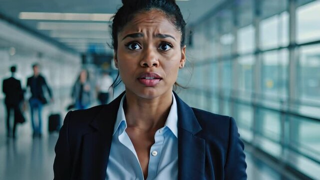 Uncertainty at the Airport: A portrait of a young woman at an airport, expressing a moment of worry, reflecting on the challenges of travel and the world's fast pace