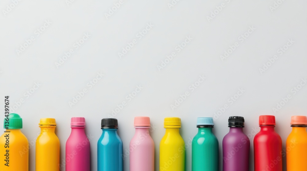 Poster colorful bottles in a row with various caps displayed on a light background for commercial use