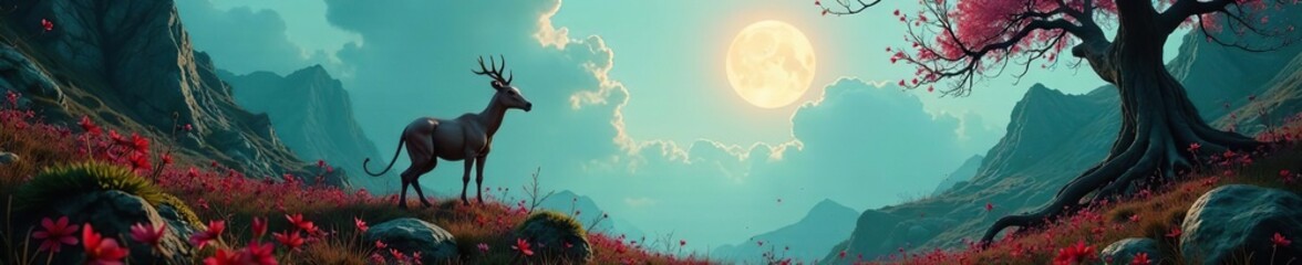 Obraz premium Dreamlike and surreal landscape featuring mystical creatures in a twisted reality, with surreal still life elements scattered throughout the scene, surrealism, whimsical