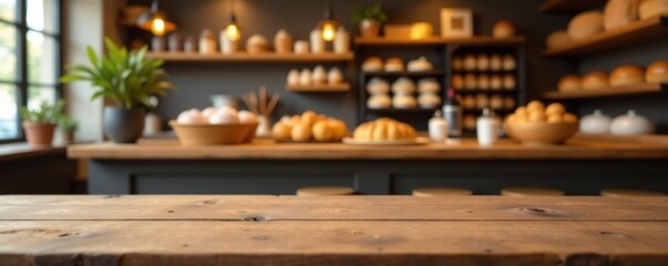 Obraz premium Empty wooden table top with a view of a cozy bakery interior filled with freshly baked pastries, shop, ambiance