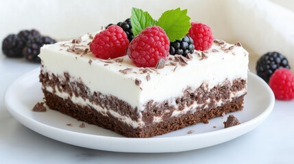 Delicious layered dessert with chocolate and cream. Topped with fresh berries