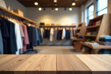 Empty wooden table top with blurred clothing store background,  boutique, fashion