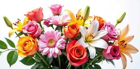 Obraz premium Colorful bouquet of various flowers including roses, daisies, and lilies on a clean white background, lilies, plants
