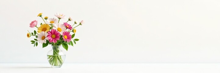 Colorful bouquet of flowers in a glass vase on white background, hyperrealistic photo,  4K,  spring