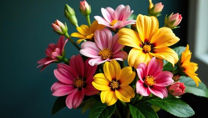 Colorful bouquet of vibrant flowers and lush greenery for decoration purposes,  centerpiece,  display
