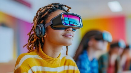 A young woman with dreadlocks experiences immersive virtual reality using a headset in a colorful classroom setting.