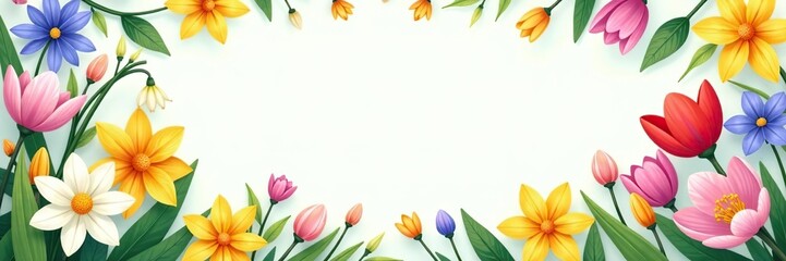 Fototapeta premium Colorful cartoon vector illustration of bright spring flowers including snowdrop, daffodil, crocus, and tulip arranged in a circular frame, vibrant, tulip