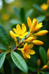Obraz premium Close-up of vibrant yellow eucalyptus tree buds and flowers in full bloom against green leaves, eucalyptus, natural