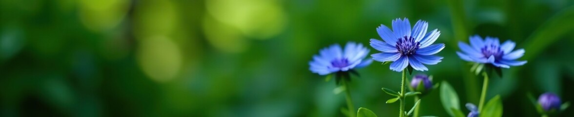 Fototapeta premium Cornflower flowers in a vibrant blue hue stand out against a backdrop of lush green foliage in a beautiful garden setting, foliage, vibrant