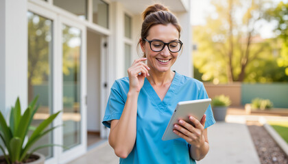 Smiling Nurse Holding Tablet Outside in Bright Environment  