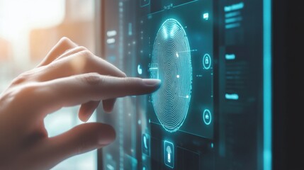 A person using a digital fingerprint scanner to authenticate identity, modern office with digital interface showing fingerprint data and access status, High-tech style