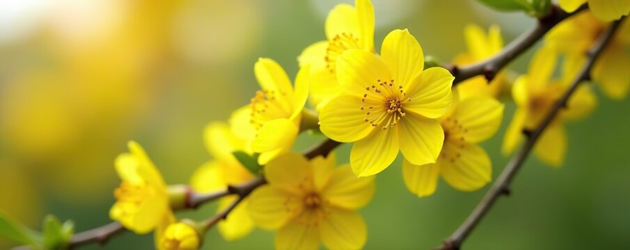 Close-up of vibrant yellow flowers blooming on a tree branch in springtime,  day,  garden