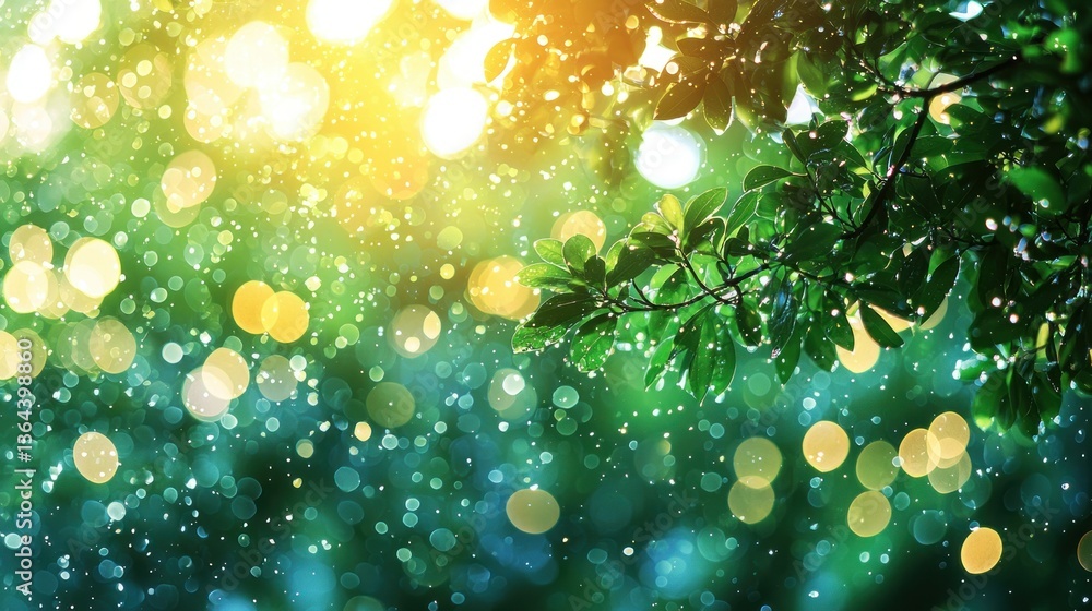 Poster sunlight filters through green leaves with bokeh, creating a serene atmosphere