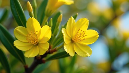 Fototapeta premium Close-up of eucalyptus tree buds and yellow flowers in full bloom, fresh, yellow