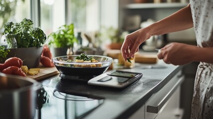 A person using a digital food scale to weigh ingredients for recipes, kitchen with scale displaying measurements and nutritional information, High-tech style